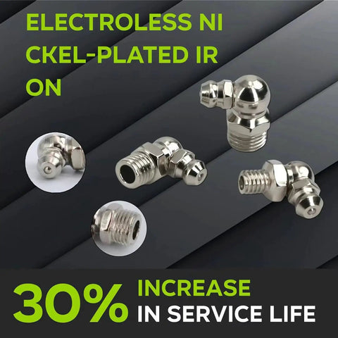 Nickel-plated iron grease fittings from Pro Grade 27 Pcs SAE And Metric Grease Fittings Assortment Kit with service life increase.