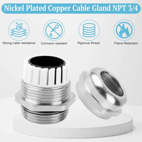 Set Of Four NPT 3/4 Inch Nickel Plated Copper Waterproof Cable Glands With IP68 Sealing, Adjustable 13-18mm Cable Connectors