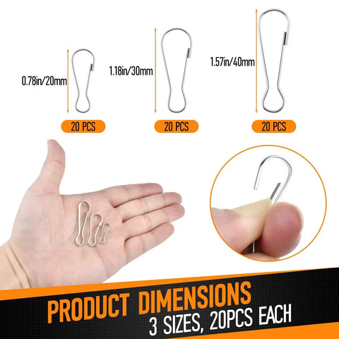 60 Pieces Nickel Plated Metal Spring Hook Buckles Snap Hanging Clips in 20mm, 30mm, 40mm sizes shown on hand and close up