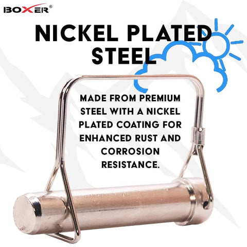 Beefy 5/8 Inch Square Trailer Pin Set, nickel-plated steel, corrosion-resistant, for trailer hitches and lawn equipment.