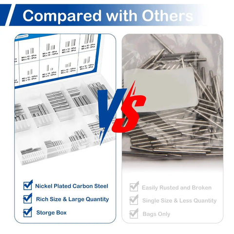 Comparison of 304 Stainless Steel Dowel Pins Set 150pcs vs other pin kits with durability and packaging differences.