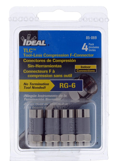 IDEAL 85-069 nickel push-on F-connectors, 4-pack for RG-6 coax, tool-less compression