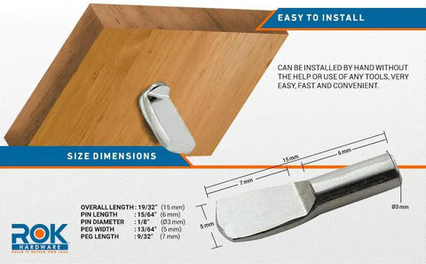 Diagram of Twenty Five Pack One Eighth Inch Spoon Shaped Cabinet Shelf Pins with size dimensions and easy hand install.
