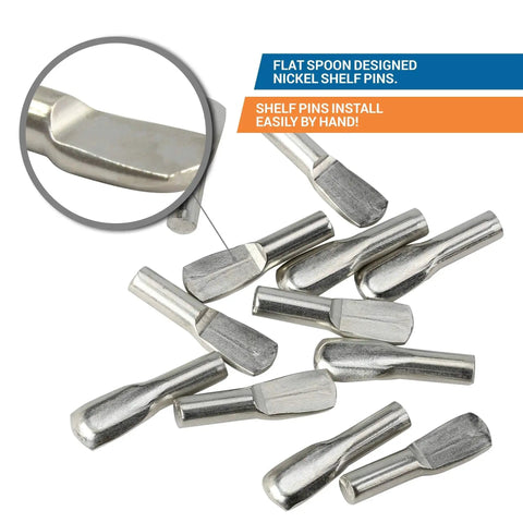 Flat spoon shaped design of the Twenty Five Pack One Eighth Inch Spoon Shaped Cabinet Shelf Pins Heavy Duty Metal With Nickel Finish.