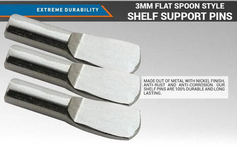 Close-up of heavy duty 3mm flat spoon style shelf support pins with nickel finish showing extreme durability features.