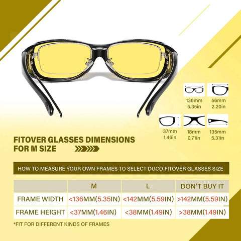 Night Driving Glasses Fit Over Glasses Polarized Anti Glare Yellow Lens with sizing guide and frame dimensions chart for fit.