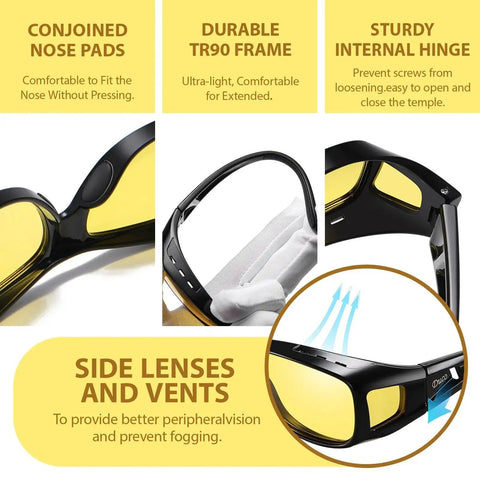 Night Driving Glasses Fit Over Glasses Polarized Anti Glare Yellow Lens with TR90 frame and side vents, multiple views.