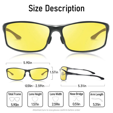 Size chart of night driving glasses with anti glare for rain snow fog enhanced visibility, showing dimensions of frames and lenses.
