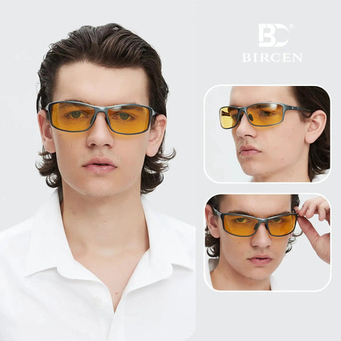 Man wearing Night Driving Glasses With Anti Glare For Rain Snow Fog Enhanced Visibility, showing front and side views.