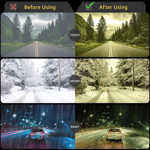 Side-by-side comparisons showing visibility improvement with Night Driving Glasses With Polarized Yellow Lenses For Reduced Headlight Glare.