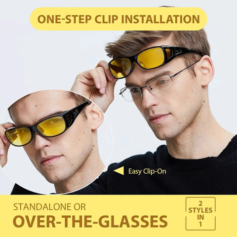 Man demonstrating Night Driving Glasses Fit Over Glasses Polarized Anti Glare Yellow Lens with easy clip-on feature.