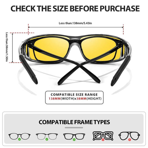 Night Driving Glasses With Polarized Yellow Lenses for Reduced Headlight Glare, compatible with frames under 138mm width