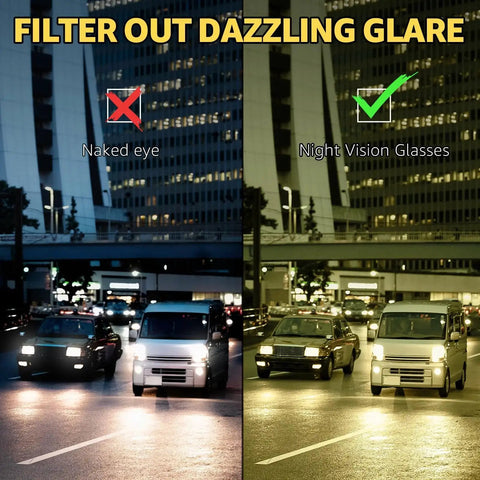 Comparison showing headlight glare reduction with Night Driving Glasses With Polarized Yellow Lenses For Reduced Headlight Glare.