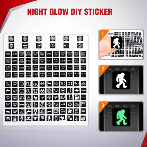 Night glow DIY sticker set with various icon designs and application steps for vehicle customization.