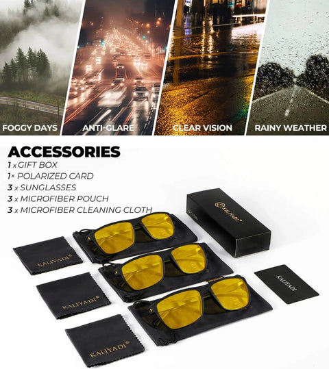 Night Vision Driving Glasses For Men Lightweight Anti Glare Eyewear with accessories including microfiber pouches and cleaning cloths.