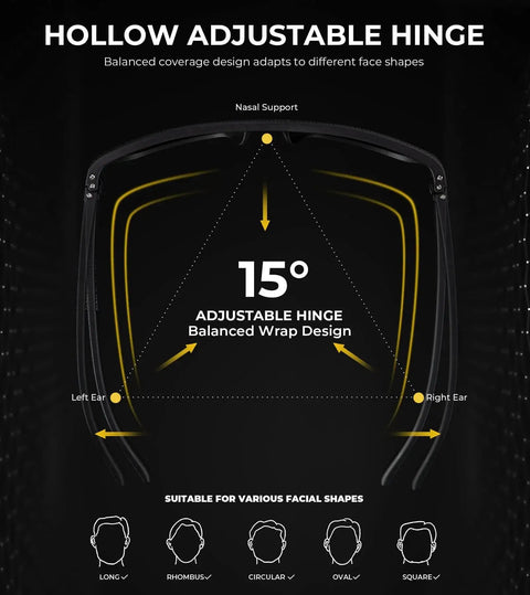 Night Vision Driving Glasses For Men Lightweight Anti Glare Eyewear with adjustable hinge diagram, suitable for various face shapes.