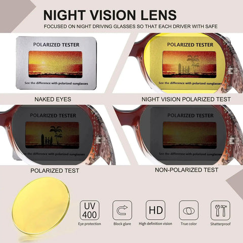 Image showing polarized and non-polarized test with Night Vision Driving Glasses Women Anti Glare Polarized Wraparound UV Protection.