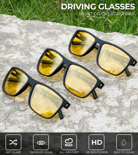 Night Vision Driving Glasses For Men Lightweight Anti Glare Eyewear, three pairs on stone surface