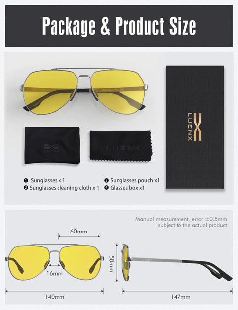 Night Vision Driving Glasses Polarized Aviator Sunglasses with Yellow Lenses packaging and product dimensions