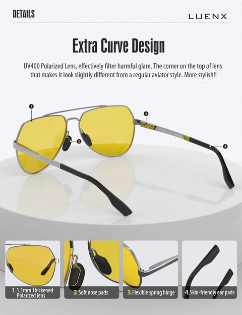 Close-up of Night Vision Driving Glasses Polarized Aviator Sunglasses With Yellow Lenses highlighting frame and lens design.