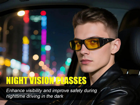Person wearing Night Vision Driving Glasses With Polarized Yellow Lenses Fit Over Glasses, night city background