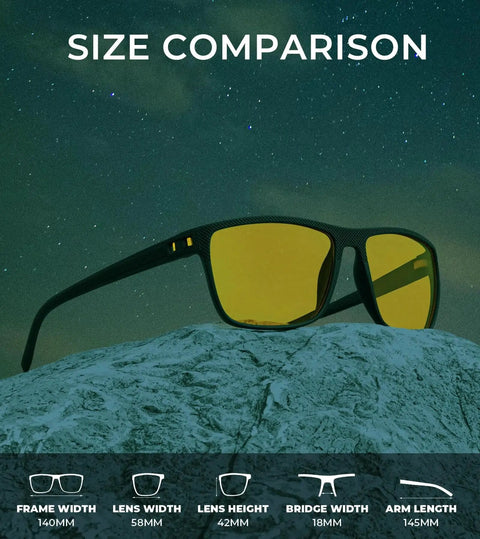 Night Vision Driving Glasses For Men Lightweight Anti Glare Eyewear with size comparison chart, dark background