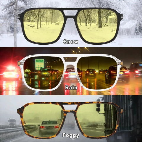 Unisex Large Night Vision Driving Glasses Anti Glare For Safe Night Driving in snow, rain, and fog shown in three scenes