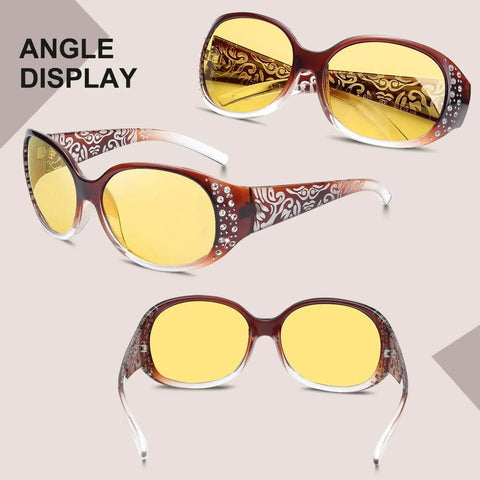 Night Vision Driving Glasses Women Anti Glare Polarized Wraparound UV Protection, shown in various angles with yellow lenses.