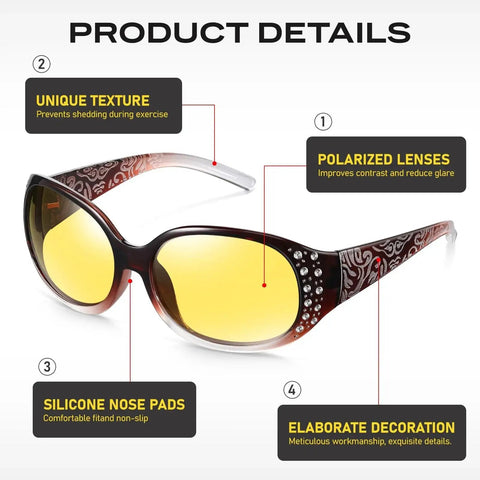 Night Vision Driving Glasses Women Anti Glare Polarized Wraparound UV Protection with silicone nose pads and unique texture
