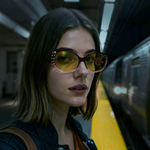 Woman wearing Night Vision Driving Glasses Women Anti Glare Polarized Wraparound UV Protection in subway station