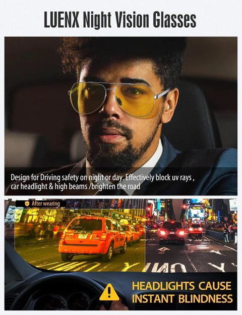 Man wearing Night Vision Driving Glasses Polarized Aviator Sunglasses With Yellow Lenses while driving at night.