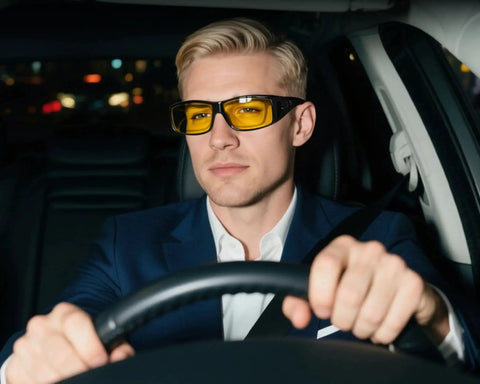 Man wearing Night Vision Driving Glasses With Polarized Yellow Lenses Fit Over Glasses while driving at night