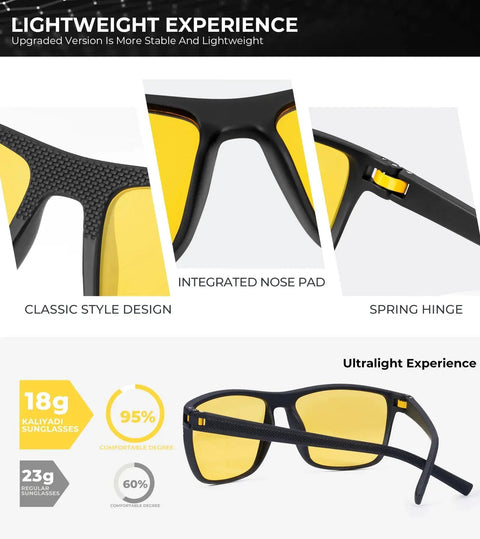 Night Vision Driving Glasses For Men Lightweight Anti Glare Eyewear with yellow lenses, spring hinge, integrated nose pad, front view.