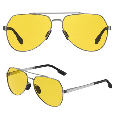 Night Vision Driving Glasses Polarized Aviator Sunglasses With Yellow Lenses, metal frame, dual angle view