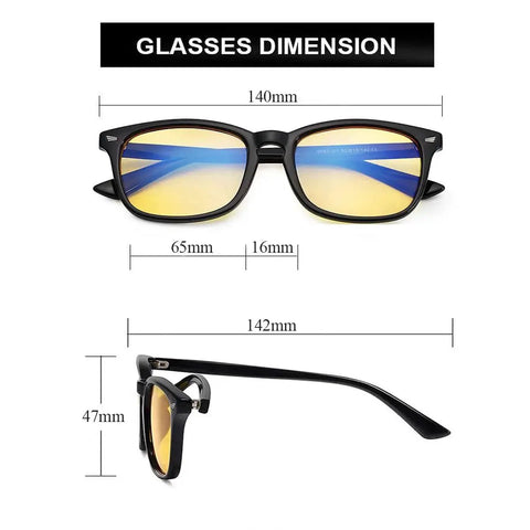 Dimension diagram of Night Vision Polarized Driving Glasses Fit Over For Men Women Anti Glare HD showing yellow lenses and frame size.