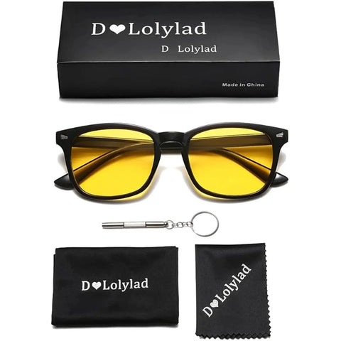 Night Vision Polarized Driving Glasses Fit Over For Men Women Anti Glare HD with yellow lenses, cleaning cloth, small screwdriver, and box.