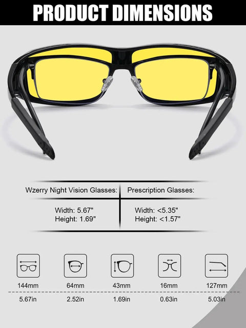 Night Vision Driving Glasses With Polarized Yellow Lenses Fit Over Glasses, front view displaying dimensions and fit guide.