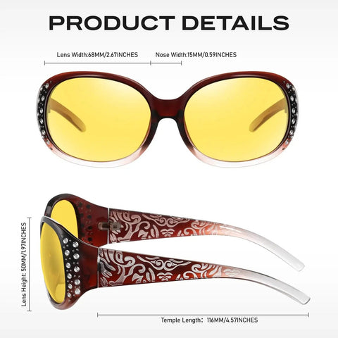Night Vision Driving Glasses Women Anti Glare Polarized Wraparound UV Protection with yellow lenses, detailed temple design