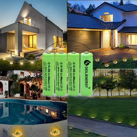 NiMH AA 600mAh 1.2V rechargeable batteries for solar lights 12 pack with outdoor night garden and pathway scenes in background