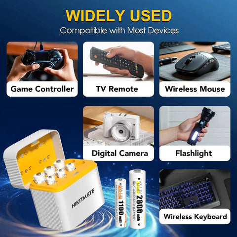 AA And AAA NiMH 2800mAh Rechargeable Batteries with 8 Slot Type C Charger and various compatible devices