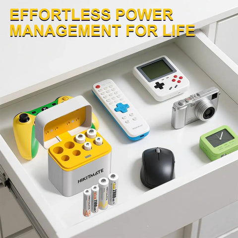 AA And AAA NiMH 2800mAh Rechargeable Batteries Bundle With 8 Slot Type C Charger in a drawer with devices like a camera and remote control