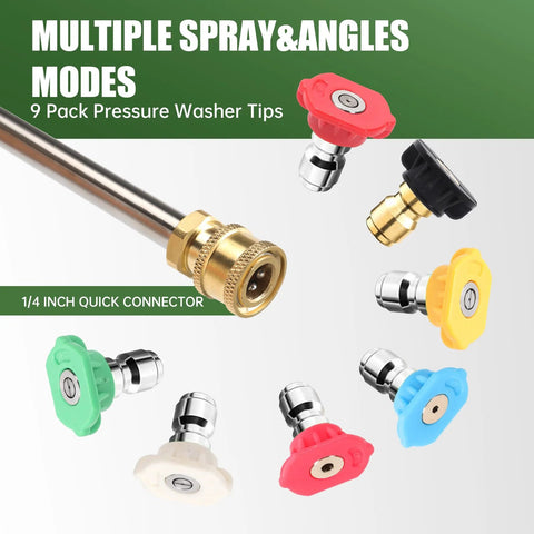 Nine color-coded 1/4-inch quick-connect pressure washer nozzle tips with brass adapters.