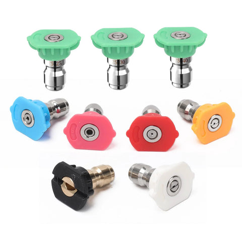 Pressure washer nozzle tips set with nine pieces, 1/4 inch quick-connect, 2.5 GPM, 4000 PSI, assorted colors.