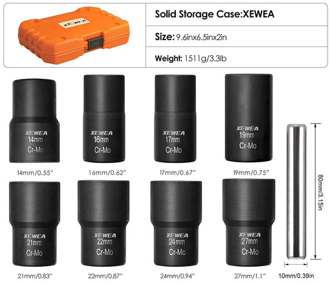 Nine Piece Lug Nut Extractor Set With One Half Inch Drive Bolt Remover Sockets For Damaged Rusted Rounded Off Bolts And Wheel Lock Removal Easy Out Extractor Set For Impact Tools A Solid Fathers Day Gift displayed with storage case and sizes
