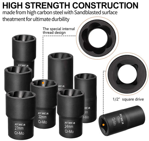 Nine Piece Lug Nut Extractor Set With One Half Inch Drive Bolt Remover Sockets For Damaged Rusted Rounded Off Bolts And Wheel Lock Removal Easy Out Extractor Set For Impact Tools A Solid Fathers Day Gift, showing a group of sockets with size markings.