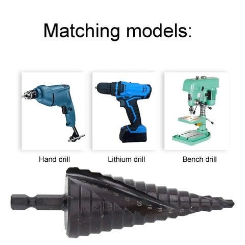 Nine Step Drill Bit High Speed Steel Spiral Pagoda Hole Reamer With Non Slip Tip And Hex Shank shown with three compatible drills