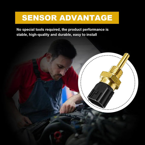 Coolant temperature sensor with brass threaded body and black plastic connector; mechanic working in engine bay.