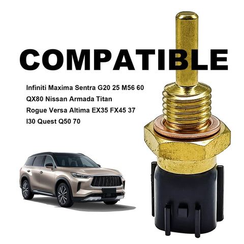 Coolant temperature sensor with brass body and black connector; car icon shows Nissan/Infiniti compatibility