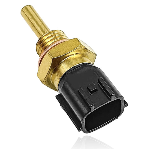 Coolant temperature sensor with brass threaded body and black plastic connector.