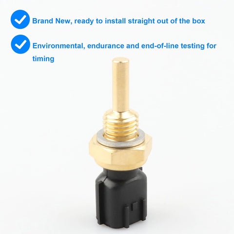 Coolant temperature sensor with brass threaded probe and black plastic connector for Nissan/Infiniti vehicles.